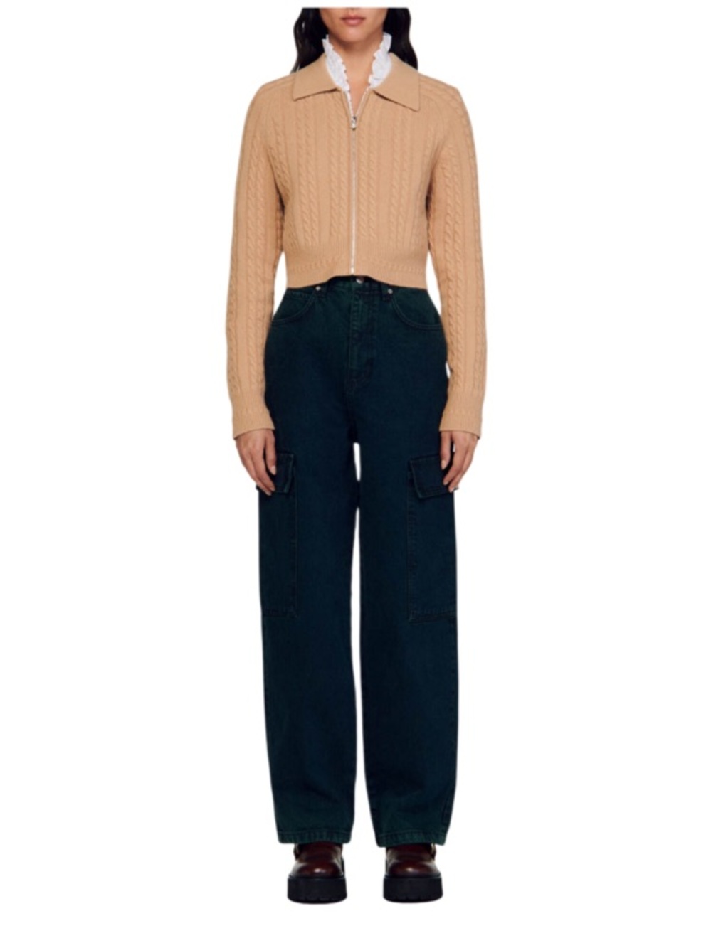 Sandro Tan  Wool Cable Knit Zipper Crop
Cardigan Size 0 NWOT